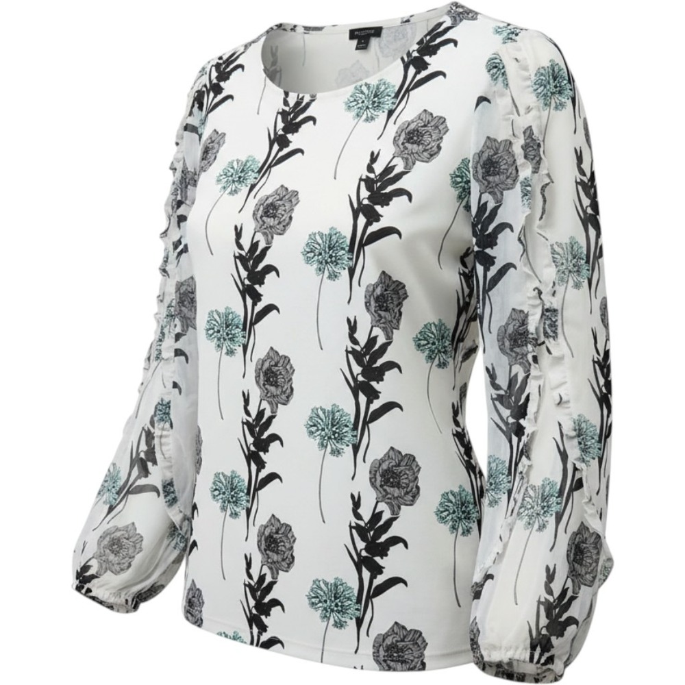 Ann Taylor Factory Floral Ruffle Sleeve Blouse White Black Teal XL